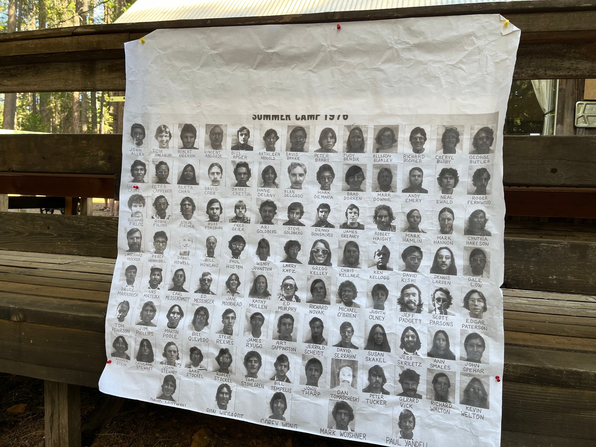 Handmade chart made up of multiple small headshots of forestry camp members
