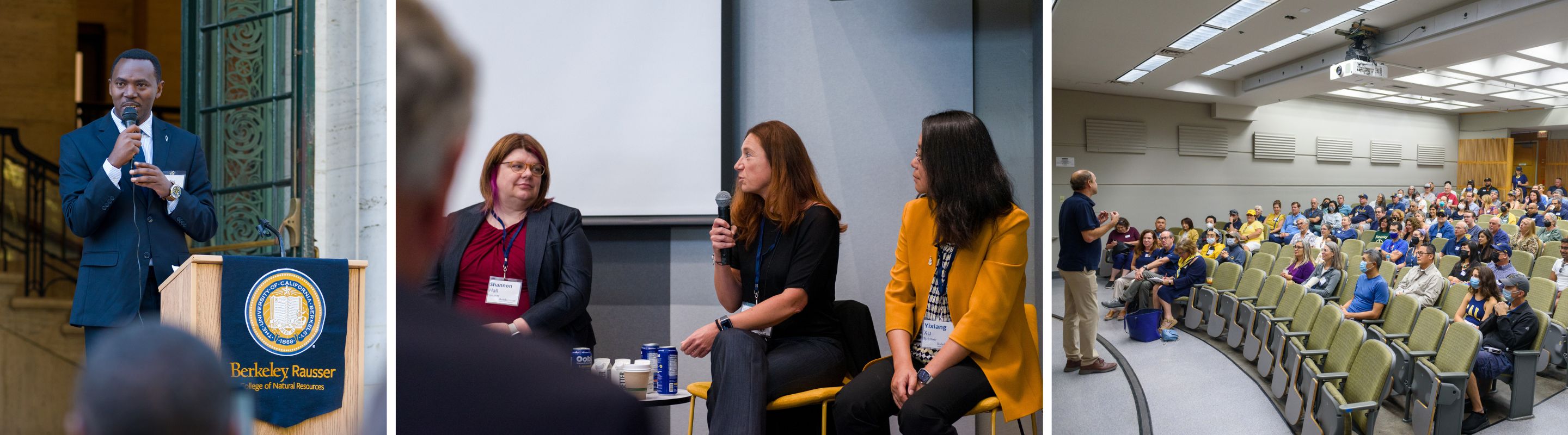 Three images -- a speaker, a group of people in a panel discussion, and a person lecturing to a large room of people
