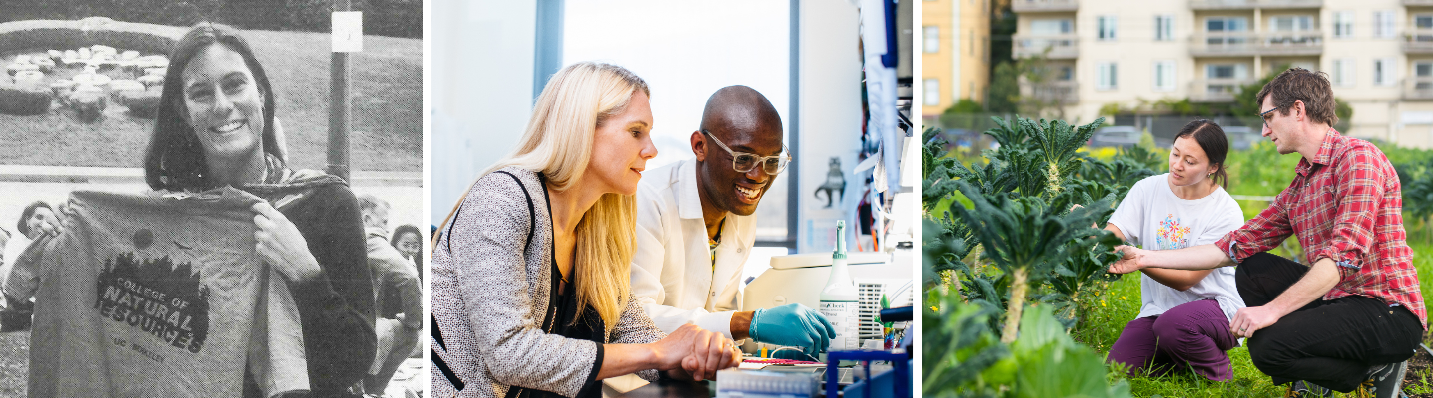 Three images: a black an white image of a young woman, holding a shirt for the college of natural resources; two people working in a lab; two people in a field looking at kale.