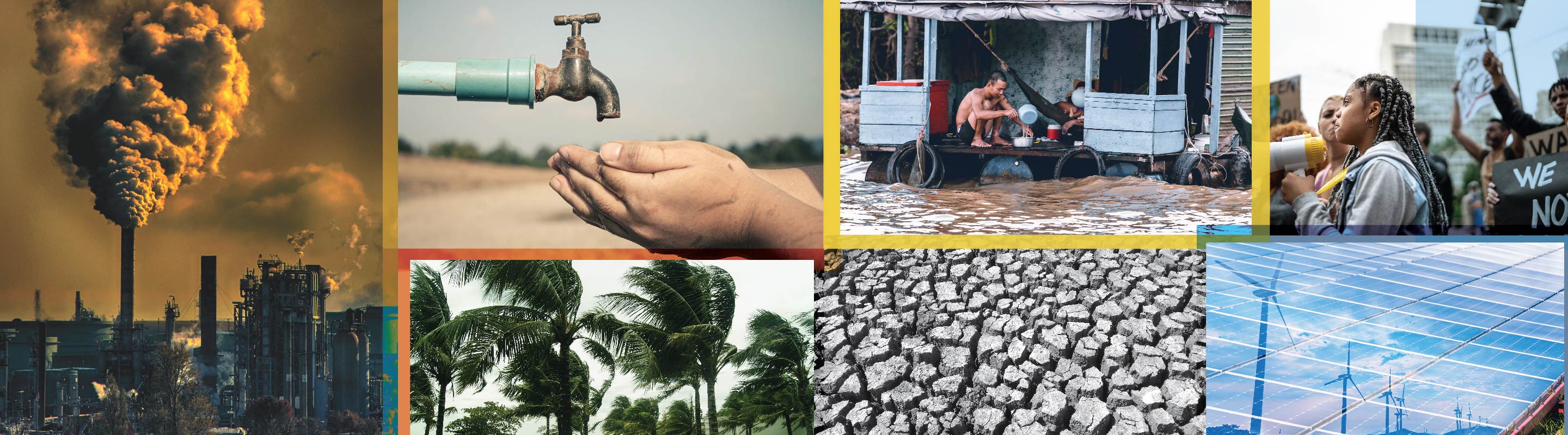 A collage of images,pollution, protest, trees blowing in a hurricane, cracked dry earth, solar power