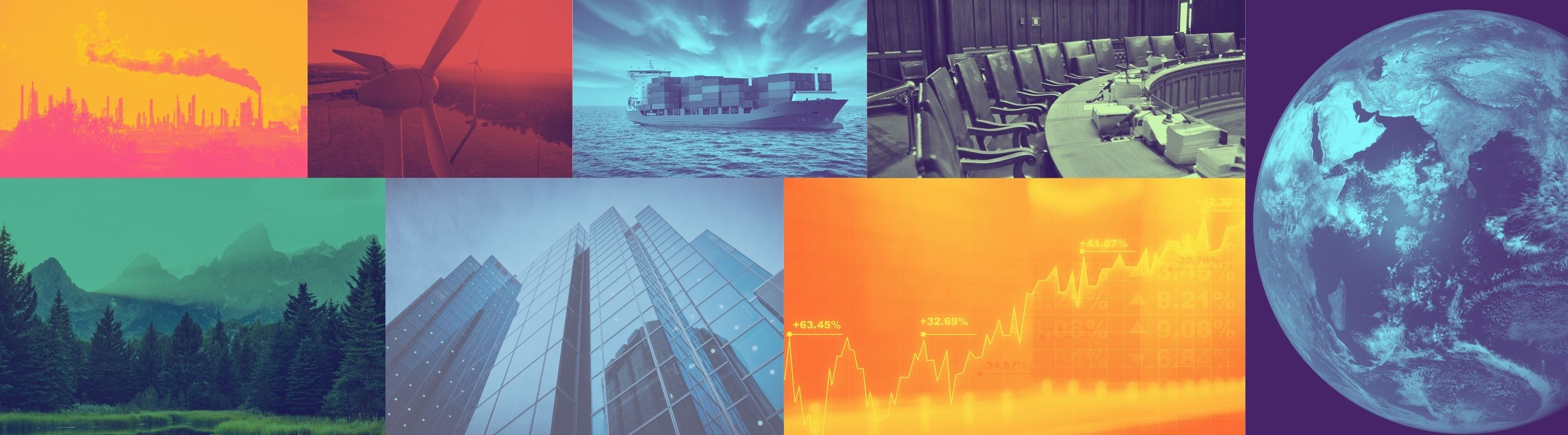 A collage of duotone images showing clean energy, pollution, and the idea of capitalism