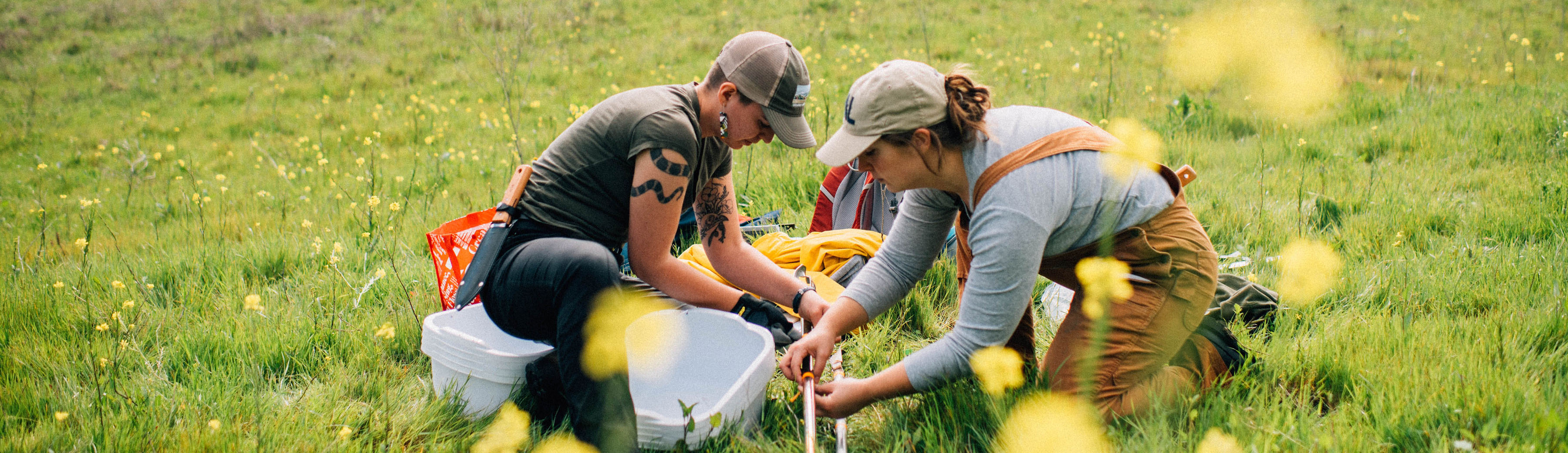 Two people sitting in an open field.