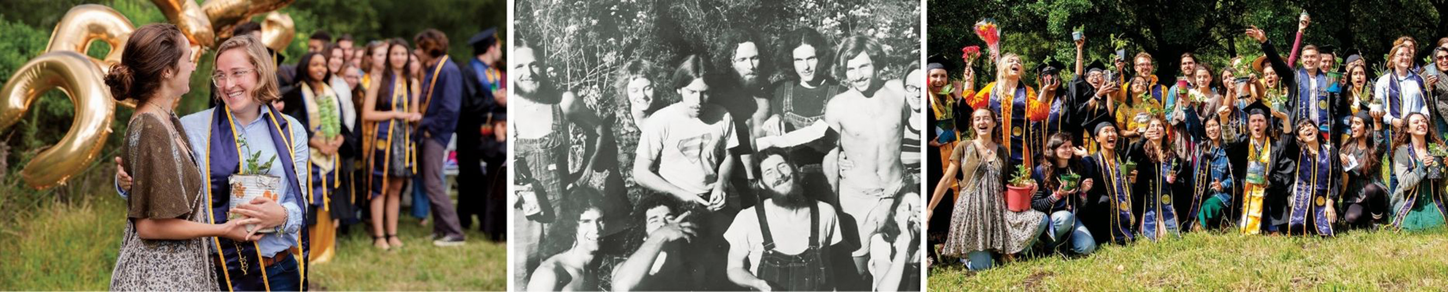 Three images: two of a modern day college graduation and one a black and white photo of a group of students in the 1970s.