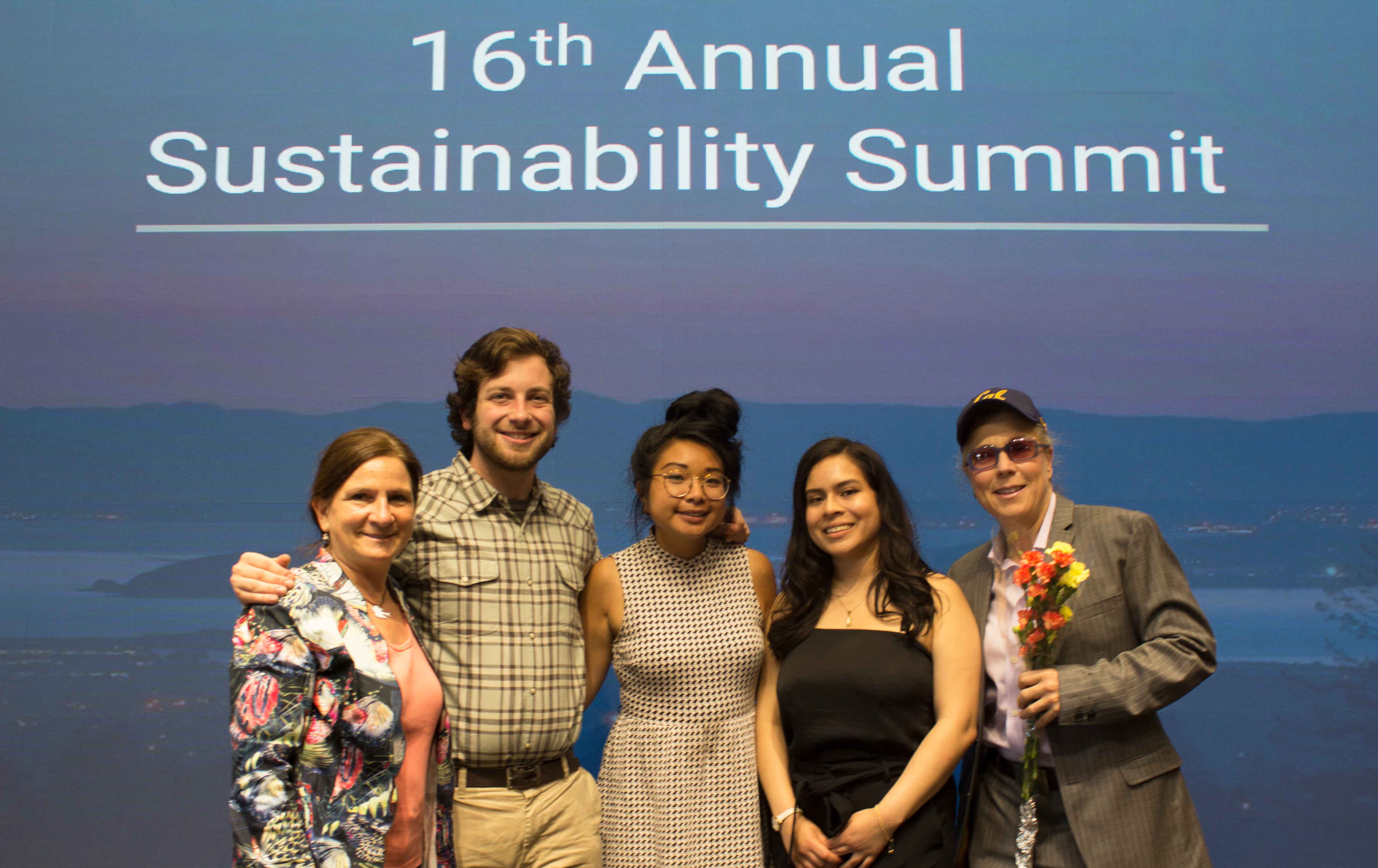 Students and staff pose for a photo during the 2019 sustainability awards at Berkeley