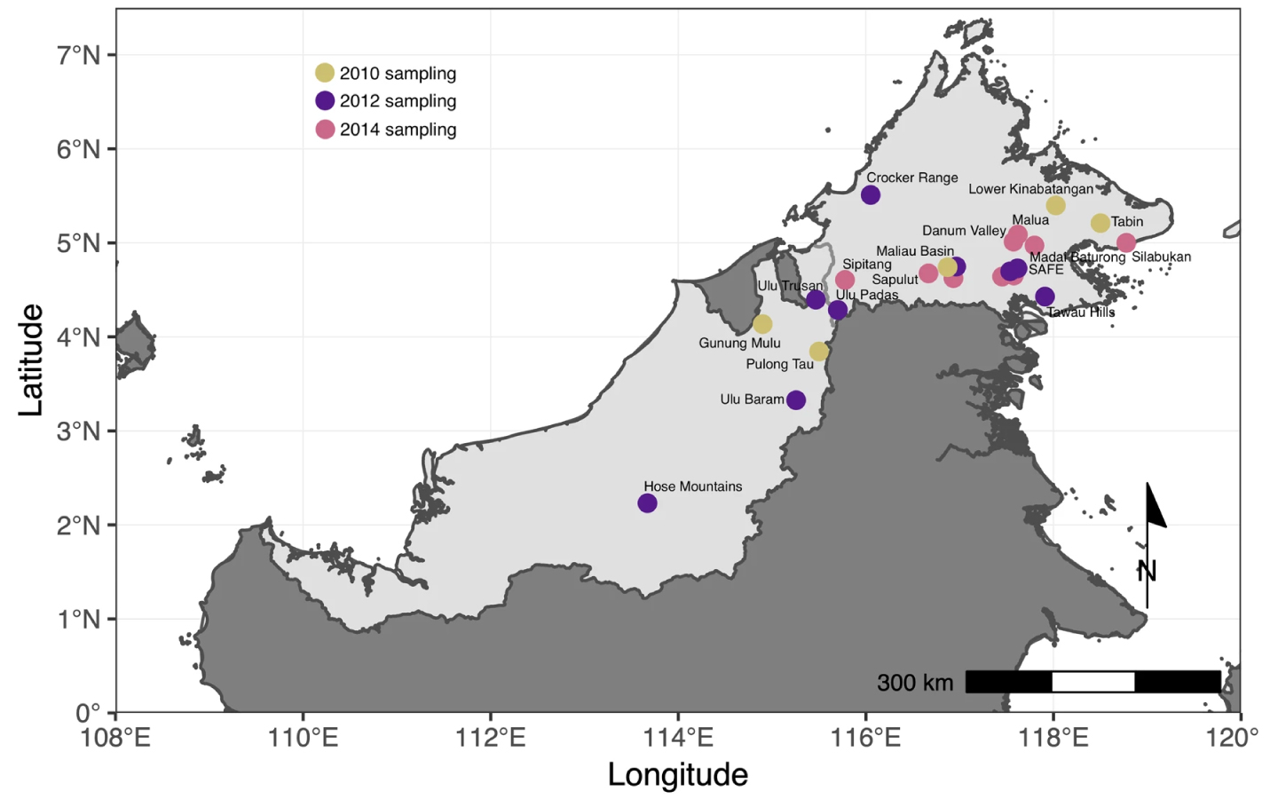 A map that shows the location of wildlife camera surveys conducted in 2010, 2012, and 2014.