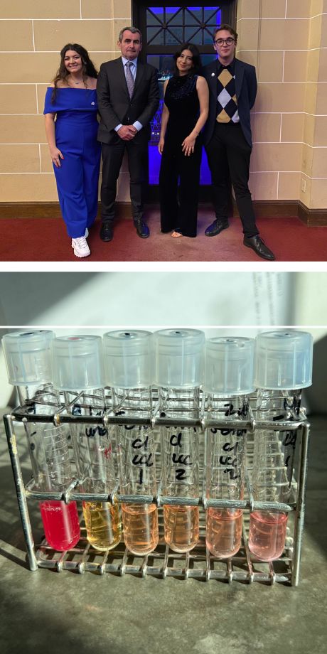 The top image shows a group of people wearing formal clothing standing together. The bottom picture shows a group of test tubes with multicolored liquid in a lab environment.