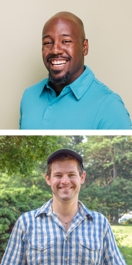 A photo composite of two people smiling at the camera