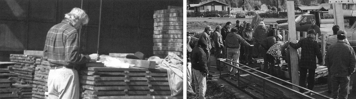 A composite image that features black an white photos of a man looking at a pile of lumber, and a group of people gathering in a wood-framed home that is under construction.