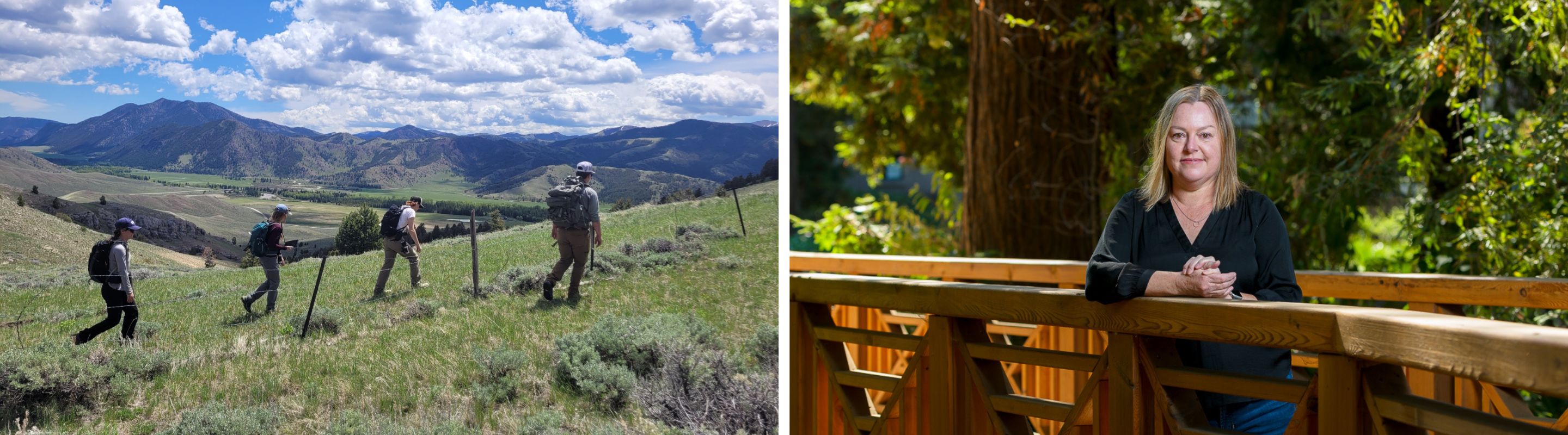 A composite image featuring a group of people outdoors walking on a mountain path, and a photo of a woman in a black shirt standing on a wooden bridge.