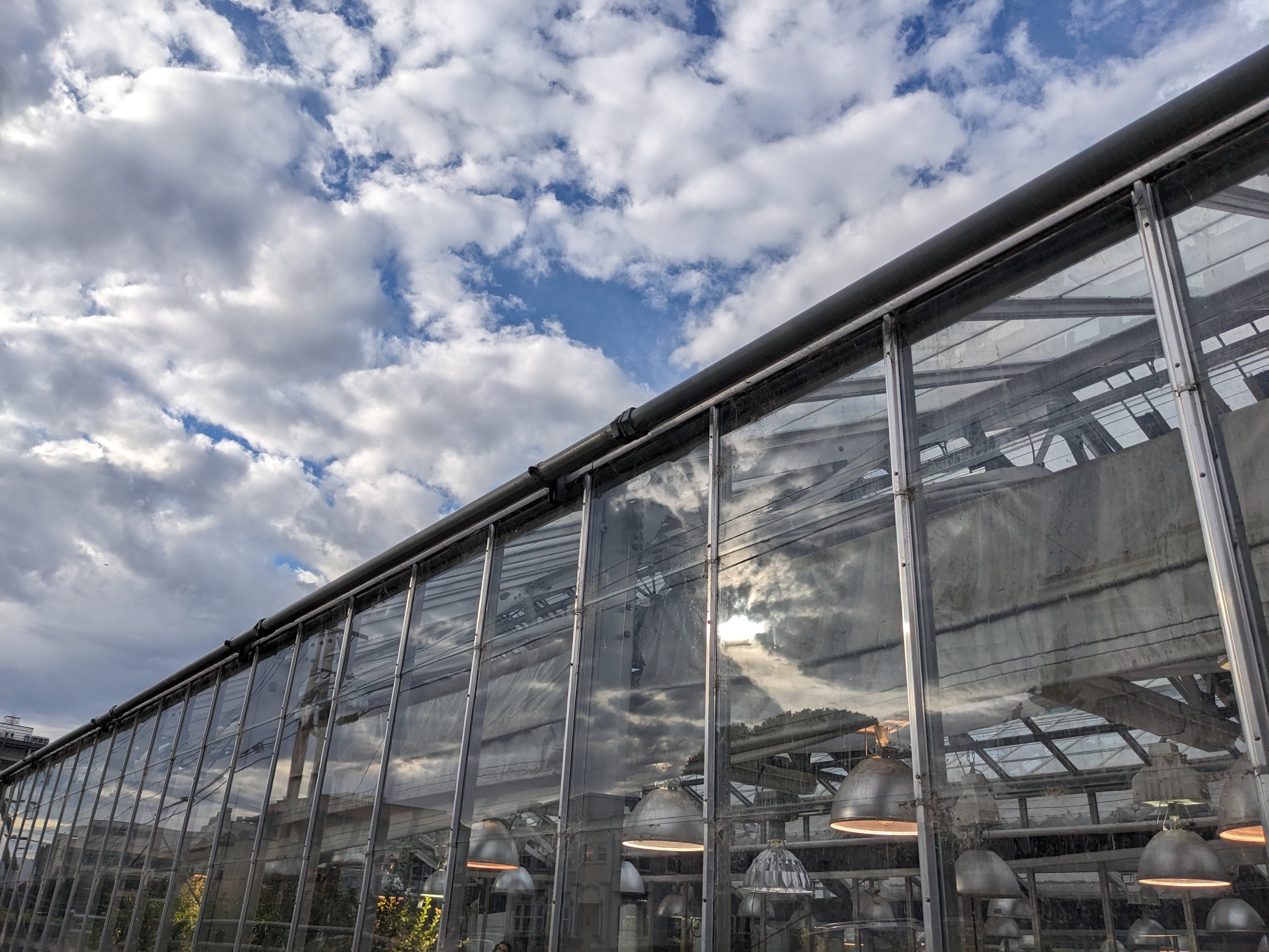Image of a greenhouse with blue sky and clouds above
