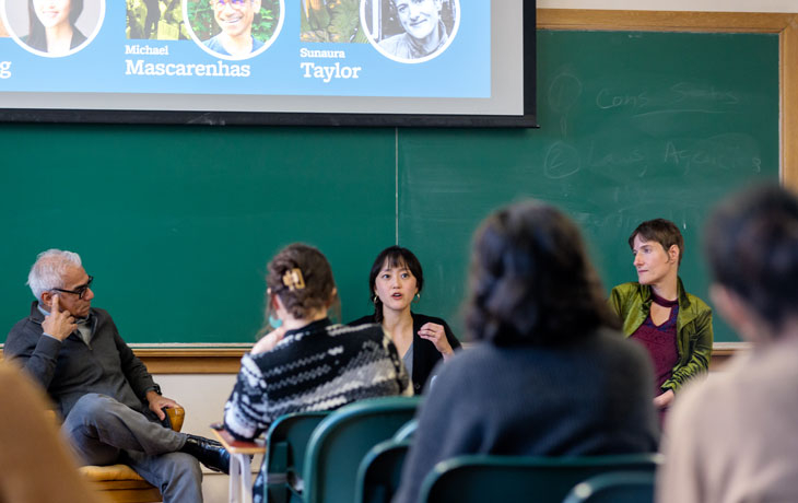 Picture of professors Sunaura Taylor, Youjin Chung, and Michael Mascarenhas discussed their latest books with Rachel Morello-Frosch at book talk 