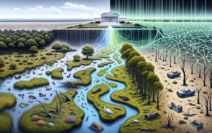 Image of stream with wildlife next to White House, aside a dark forrest. 
