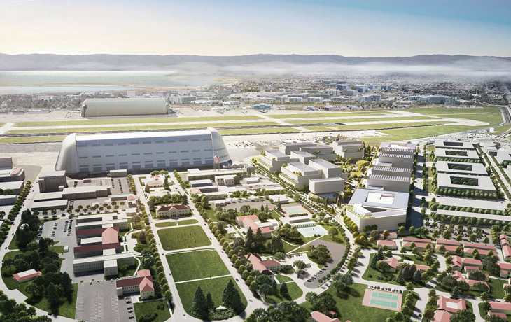 A rendering of buildings and green space stretching into the distance