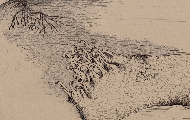 Pen and ink on rectangular paper. This piece from Sunaura Taylor’s “Speculative Aquifers” series illustrates the hydrological concept of an aquifer “losing reach,” which occurs when the water table drops below the reach of a river or well. 