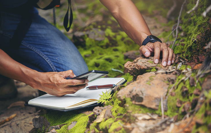 A photo of a person kneeling down in nature, logging a plant observation using a smartphone.
