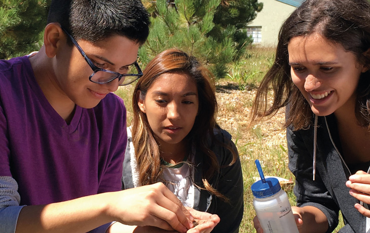 A detail section of a textbook cover showing three young students examining something in a dry field.