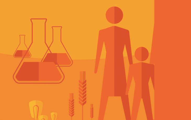 Illustration showing people, beakers, and crops
