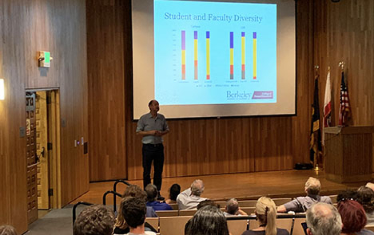 Dean Ackerly speaking at the State of the College talk. 