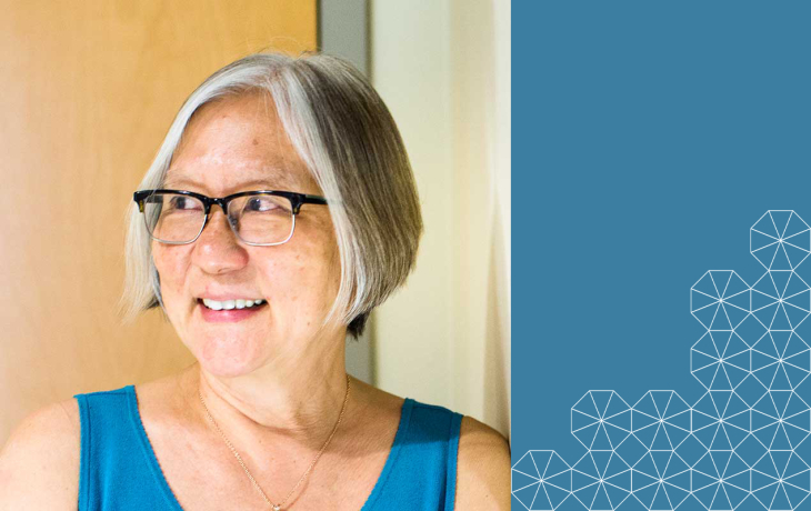 Inez Fung headshot on blue background with Berkeley tesselation