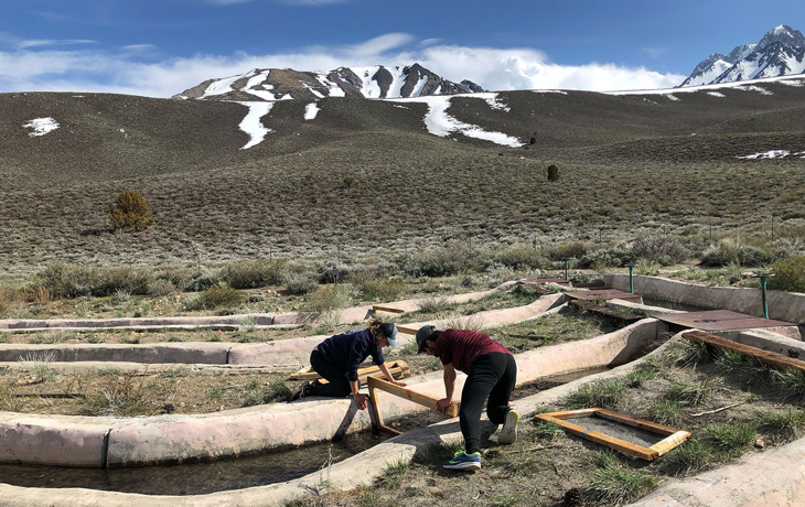 A photo of two people kneeling down and examining artificial stream channels