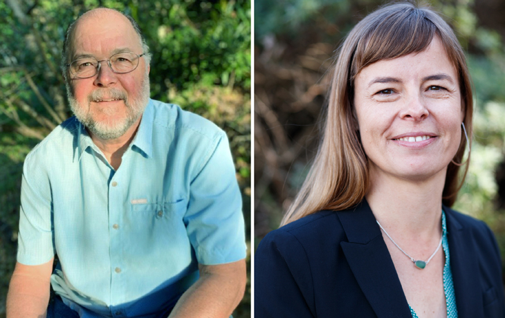 A composite image featuring portraits of writer Jerry Emory and scientist Allison Forrestel.