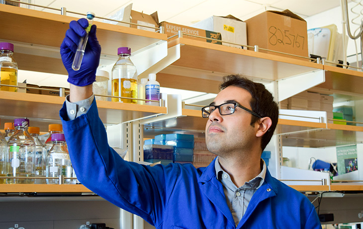Graduate Student Israel Figueroa examines a test tube