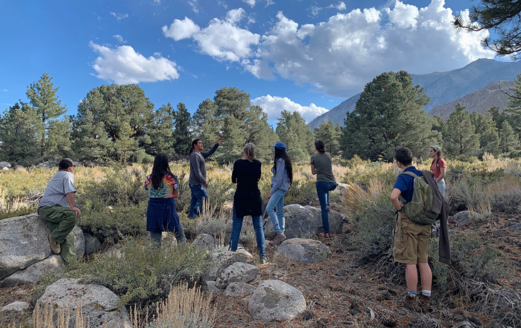 A group of people stand around outside in a woodland environment.